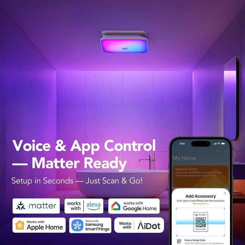 OREiN Matter Smart Bathroom Exhaust Fan with Light, Quiet 110 CFM Ventilation, 1200lm Dimmable LED with Night Light, AI RGB Lighting, 24-Zone Color, 2700K–6500K, Works with Alexa, Google & Apple Home - Image 3